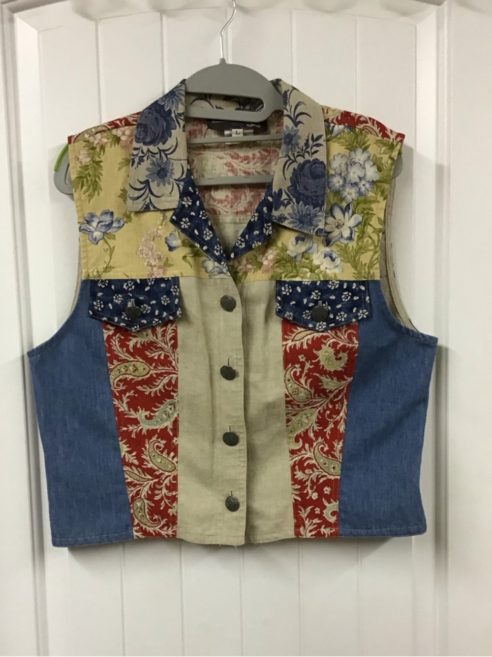 Patchwork Floral & Denim Button Front Vest - Multi Color size Large